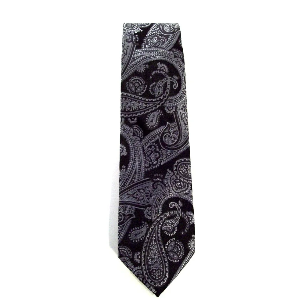 Men's Tallia 100% Silk Neck‎ Tie, Black Gray Paisley
